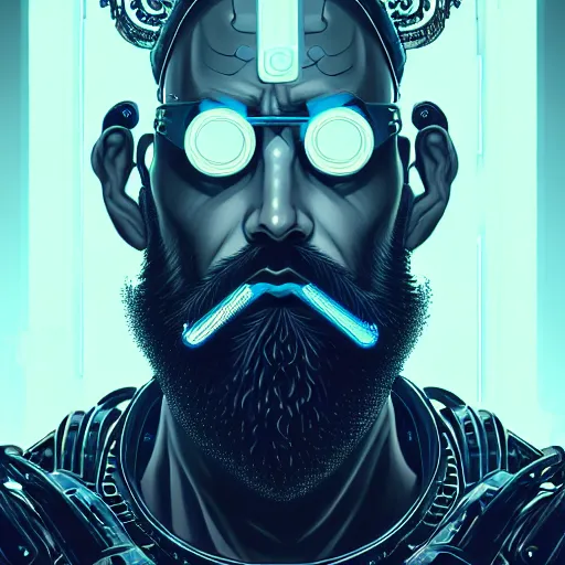 Prompt: bearded man with extremely large and intricate eye cyberpunk bionics with angry blue eyes and slim features looking askance, eye cyberpunk bionics, retro futurist style, intricate, elegant gleaming intricate baroque jewelry, angelic halo, highly detailed, digital painting, artstation, concept art, smooth, sharp focus, illustration, art by wlop, mars ravelo and greg rutkowski,