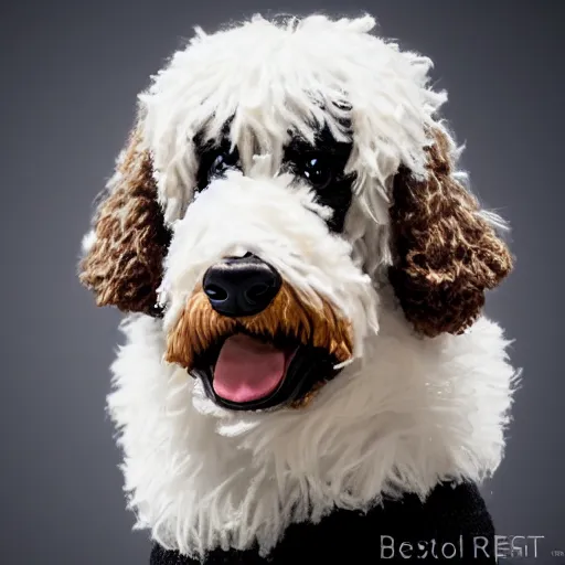 Image similar to a closeup photorealistic photograph of a cute smiling knitted bernedoodle judge dog dressed in a black gown, presiding over the courthouse. indoor image, professional capture, well lit shot. this 4 k hd image is trending on artstation, featured on behance, well - rendered, extra crisp, features intricate detail, epic composition and the style of unreal engine.