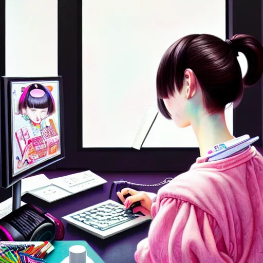 Image similar to full view of girl studying at her computer, in taipei, style of yoshii chie and hikari shimoda and martine johanna and disney, highly detailed