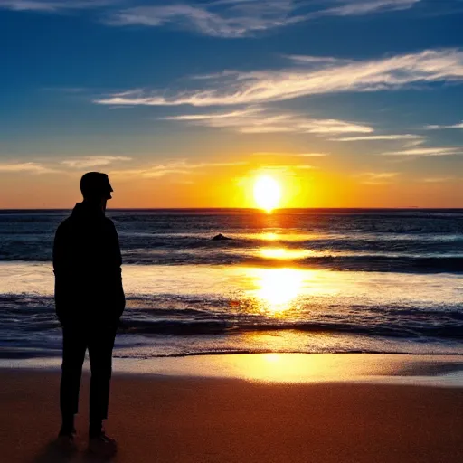 Prompt: Silhoutte of a person on the beach, sunrise, ray tracing