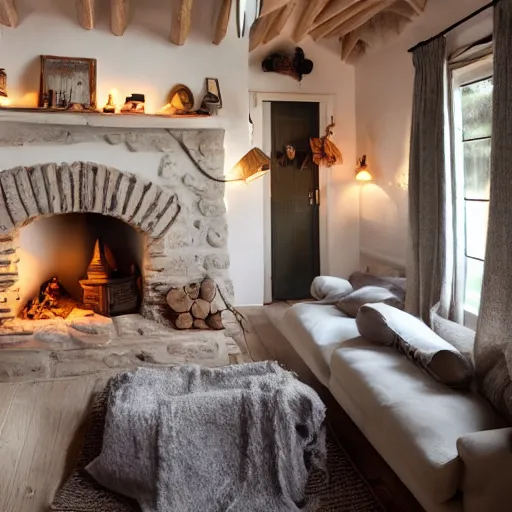 Prompt: cozy cottage interior, dramatic lighting, photograph