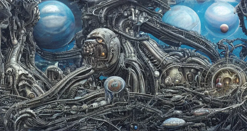 Prompt: alien planet, inhabited by giant aliens, dichromatism, 8 k, super - resolution, massive scale, insanely detailed and intricate, hypermaximalist, elegant, ornate, hyper realistic, super detailed, by h. r. giger