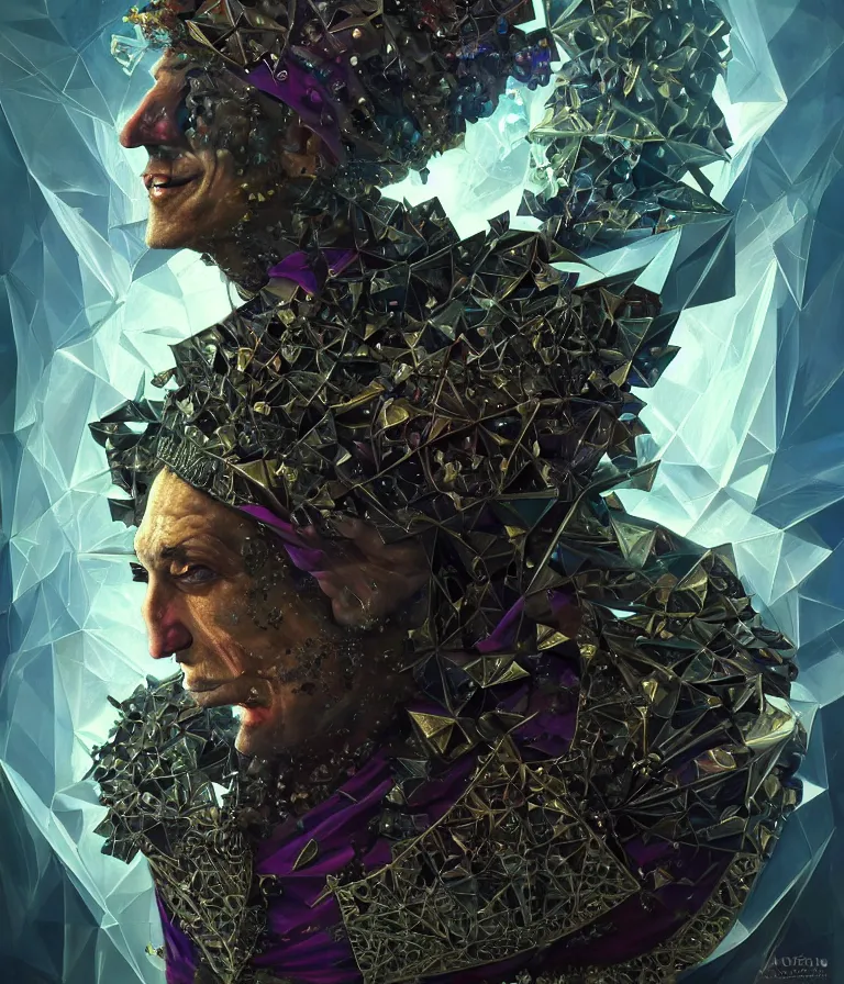 Prompt: front!!! shot of a court jester!!! character, mesmerizing fractal hypercubes, platinum cracked, dark holography!!!, future, metallic galactic, crystalline edges, polygonal, elegant, highly detailed, centered, (((artstation, concept art, jagged, sharp focus, artgerm, Tomasz Alen Kopera, Peter Mohrbacher, donato giancola, Joseph Christian Leyendecker, WLOP, Boris Vallejo))), ((raytracing)), mugshot!!!!!, ugly!!!!!!, octane render, nvidia raytracing demo, octane render, nvidia raytracing demo, octane render, nvidia raytracing demo, 8K