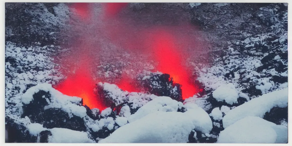 Image similar to polaroid photo of a vulcanic eruption in a snowy icy area, bright red lava, bright white snow and ice