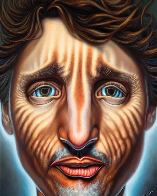 Image similar to detailed portrait of justin trudeau patterned socks!!! by tomasz alen kopera and peter mohrbacher and johanna martine! and margaret keane! coherent luminescent