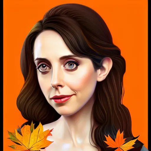 Prompt: gorgeous female Alison Brie, realistic character concept, full body, fall dress, autumn leaves, orange yellow, medium shot, shorter neck, illustration, symmetrical face and body, realistic eyes, cinematic lighting, detailed realistic symmetrical eyes, symmetrical nose, symmetrical pupils, symmetrical nostrils, face by artgerm, symmetrical nose, cgsociety, 8k, high resolution, Don Bluth, Joshua Middleton, Charlie Bowater, Tom Bagshaw, single face, insanely detailed and intricate, beautiful