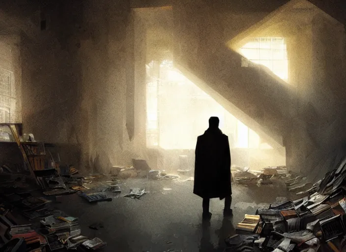 Image similar to the silhouette of a sad man looks at the destroyed, books around volumetric lighting, digital painting, highly detailed, artstation, sharp focus, illustration, concept art, ruan jia, steve mccurry, amazing composition