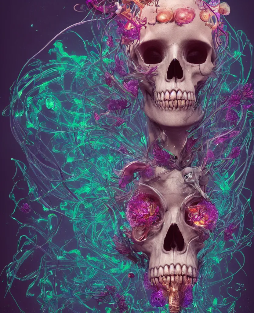 Image similar to close-up portrait goddess skull, thorax, x-ray, backbone, jellyfish phoenix head, nautilus, orchid, skull, betta fish, bioluminiscent creatures, intricate artwork by Tooth Wu and wlop and beeple. octane render, trending on artstation, greg rutkowski very coherent symmetrical artwork. cinematic, Triadic color scheme, hyper realism, high detail, octane render, 8k