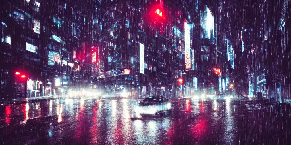 Image similar to a city street at night, raining, photograph, cars on the road, cyberpunk, sharp focus