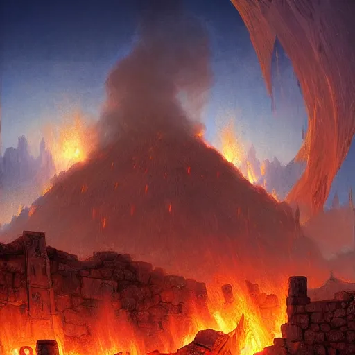 Image similar to digital art of fire and hail destroy a 4000BC middle eastern town by andreas rocha and john howe, and Martin Johnson Heade, featured on artstation, featured on behance, golden ratio, f32, well composed, cohesive