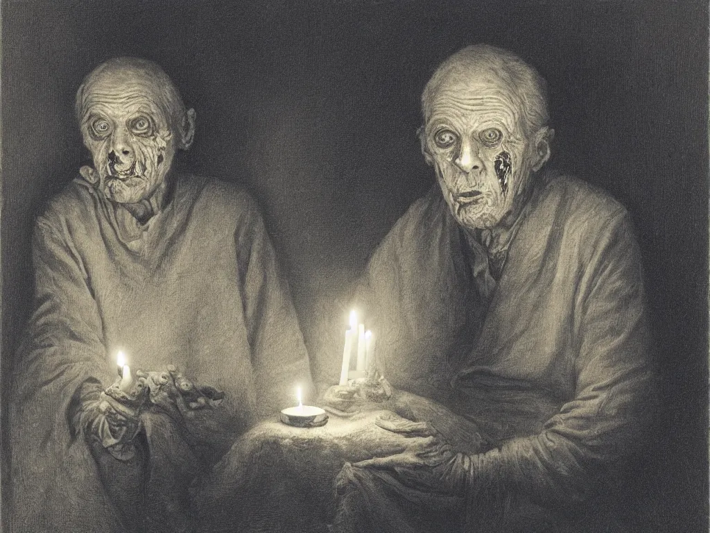 Image similar to Expressive portrait of an elderly zombie. Candlelight. Painting by Gustave Dore, August Sander