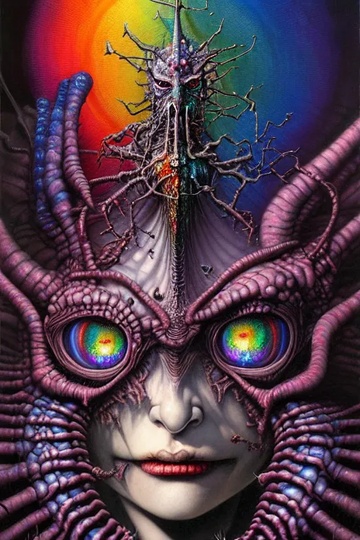 Prompt: realistic detailed image of wrathful diamond rainbow nightmare scientist god creator force action horror by lisa frank, john martin, ayami kojima, amano, karol bak, greg hildebrandt, and mark brooks, neo - gothic, gothic, rich deep colors. beksinski painting, part by adrian ghenie and gerhard richter. art by takato yamamoto. masterpiece