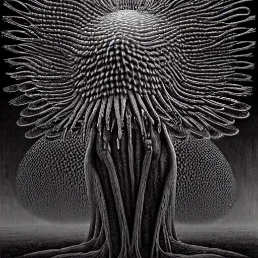 Prompt: horryfing mutant bird made of electricity fused with thousands of birds, thousand heads, mutilated, horror, blood, heavy damage, post apocalyptic, dystopian surrealism, grey, zdzisław beksinski, sad atmosphere, volumetric light, style giger, alex ries, symmetry accurate features, symmetry accurate features, very intricate details, high resolution, intricate