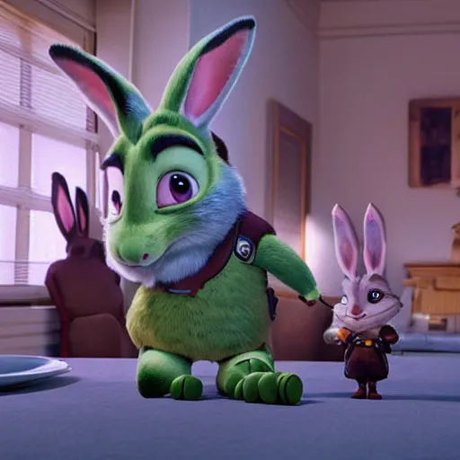 Image similar to Judy Hopps, the rabbit police officer from Zootopia, posing for a selfie with the evil human criminal Hannibal Lecter from Silence of the Lambs, over a plate of fava beans and chianti, mashup, 4k movie still