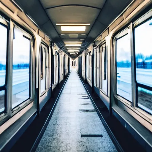 Image similar to a inside of a train hallway the train hallway is empty and train is moving the window view is a sunset view of a beautiful landscape