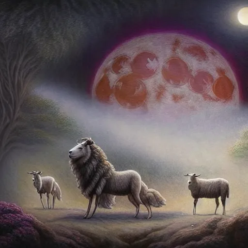 Prompt: an anthromorphic wolf dressed like a sheppard with 2 sheep in a zen garden with a waterfall under the blood moon, by Adi granov and afarin sajedi and amanda sage and evgeni gordiets and Agostino Arrivabene and adonna khare in a psychedelic portrait style, ultrarealistic matte painting, volumetric lighting, fractal, extremely symmetrical, highly detailed face, orisha, 8k, hd