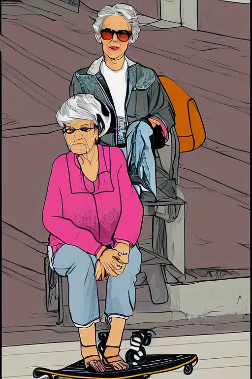 Prompt: a portrait of a fashionable gran on a skateboard in los angeles, in the style of gta waiting screen