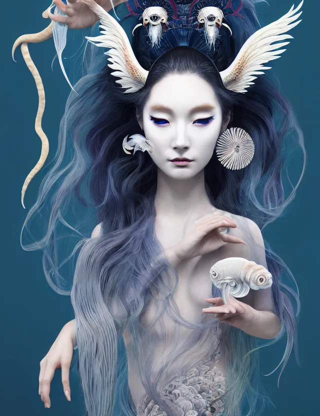 Image similar to 3 d goddess half - turn portrait with long hair with ram skull. beautiful intricately detailed japanese crow kitsune mask and clasical japanese kimono. betta fish, jellyfish phoenix, bio luminescent, plasma, ice, water, wind, creature, artwork by tooth wu and wlop and beeple and greg rutkowski