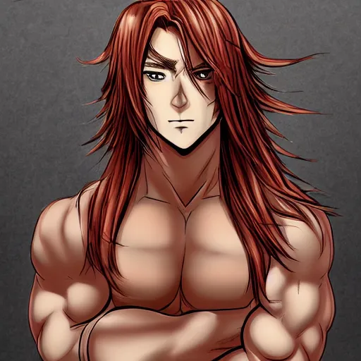 Image similar to well built man, rusty colored long hair, anime, high details,