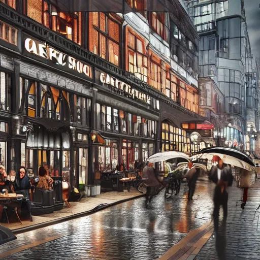 Image similar to busy cafe in a rainy victorian city, 8k, ultrarealistic, ultra hd, gloomy, photorealistic