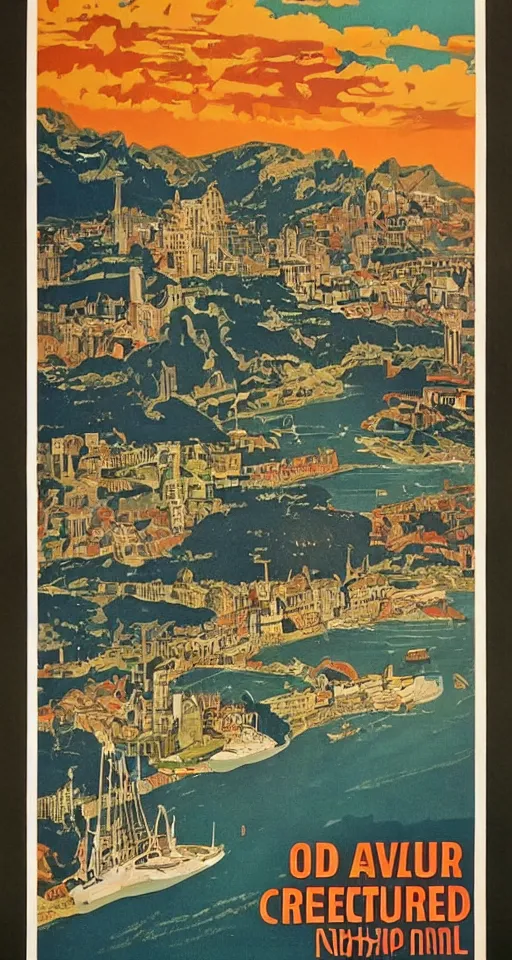 Prompt: vintage travel poster, old, creased