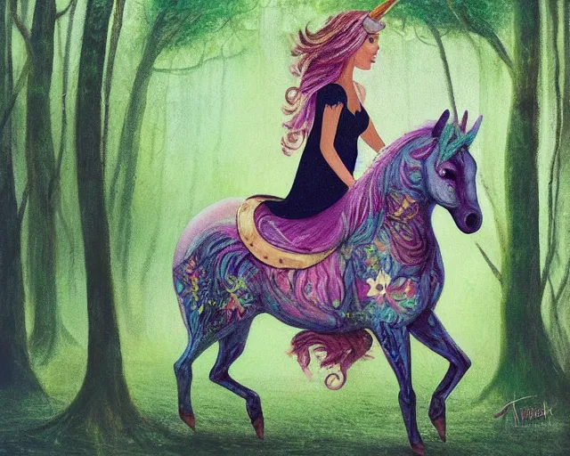 Image similar to woman riding a unicorn in enchanted forest, tiktok painting by annie liebovitz