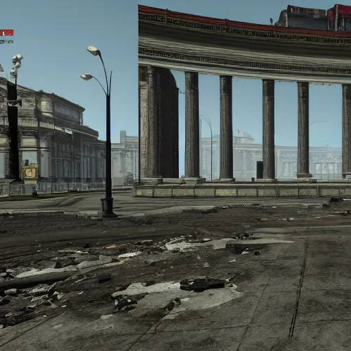 Prompt: Bolshoi Theater, Moscow in ruins post-nuclear war in Fallout 4, in game screenshot