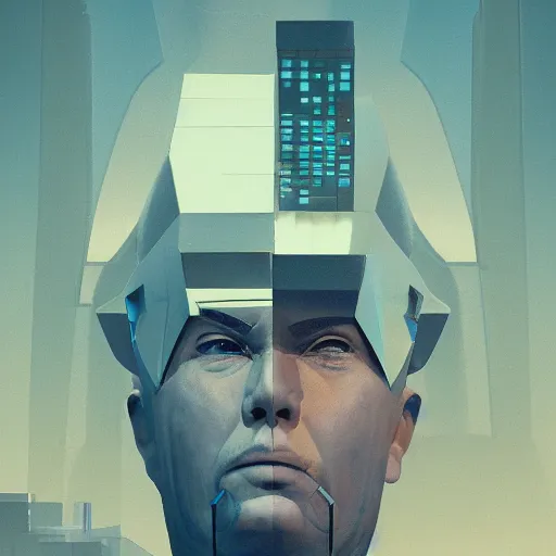 Image similar to the face of a disgruntled man, made of buildings and infrastructure, by beeple and vincent di fate, trending on artstation