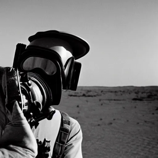 Image similar to a man wearing a gasmask, heavily equipped, in the desert, film still, arriflex 35