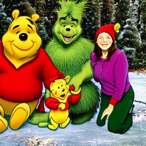 Image similar to winnie the pooh alone as the grinch, winnie the pooh cast as the grinch, full body shot