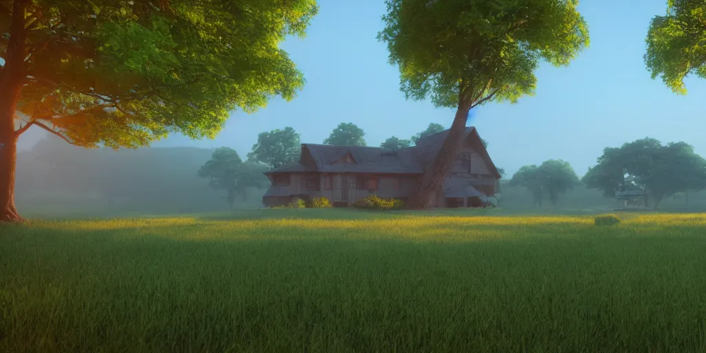 Image similar to a serene landscape with a singular building near a lake at sunrise, pixar style, ghibli studio anime style, 8 k hdr, octane render, unreal engine,