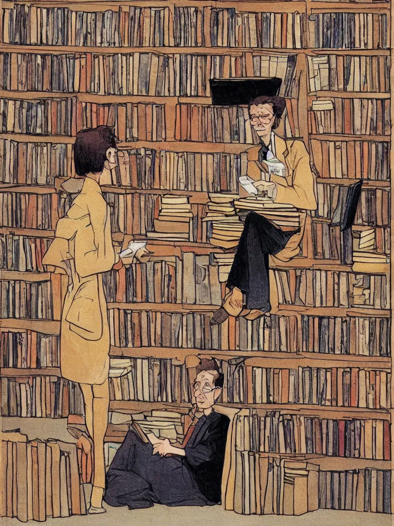 Prompt: simple portrait painting of a bookseller in a bookstore moebius