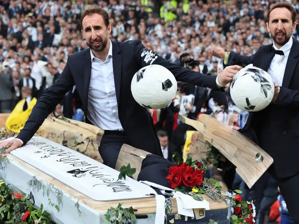 Image similar to a solemn perfect photograph of gareth southgate placing a soccer ball into a coffin decorated with hate mail.