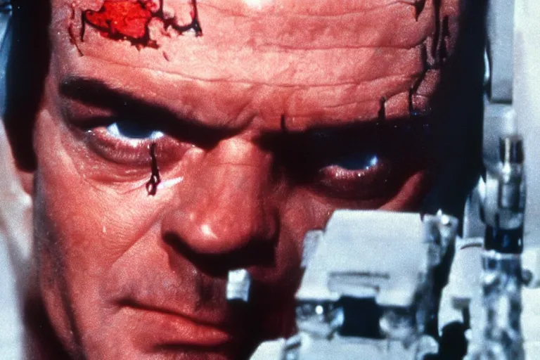 Image similar to Jack Nicholson plays Terminator, his eye glow red, still from the film