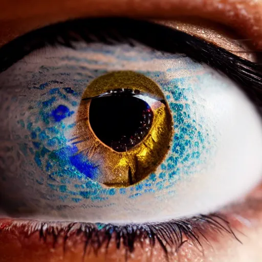 Image similar to close view of an eye of a woman with complex makeup reflecting the skeleton of an dead crow, gems, gold, bright colors ultrawide lens, details, studio lighting, realism, complex lights