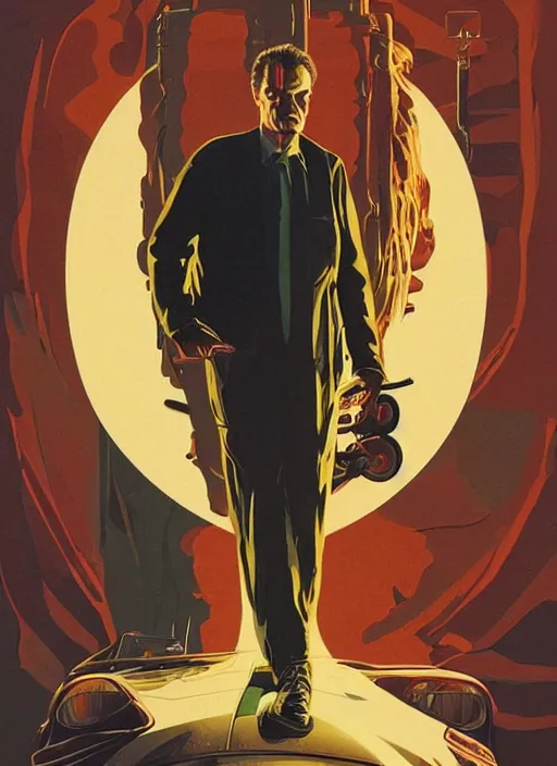 Image similar to poster artwork by Michael Whelan and Tomer Hanuka, Karol Bak of portrait of Michael Shannon!!!!!! the local mechanic clerk at the auto store, from Twin Peaks, clean, simple illustration, nostalgic, domestic, full of details