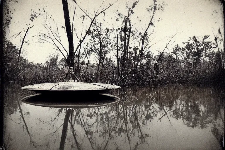 Image similar to old polaroid of a rusted ufo landed on a swamp, black and white, wide angle