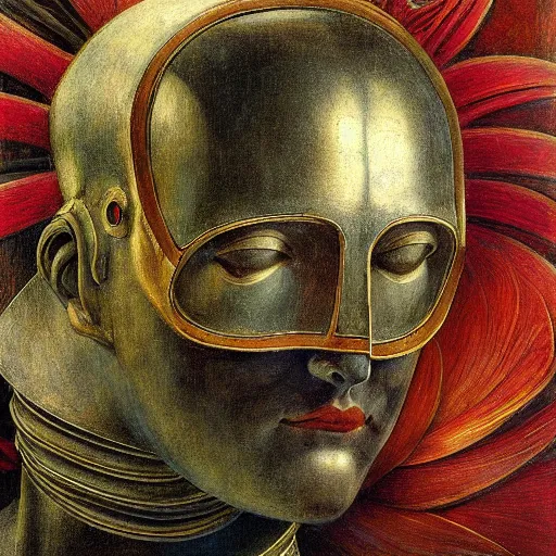 Image similar to masterpiece painting of the head of the robot flower king, by annie swynnerton and jean delville and tino rodriguez, flower mask, symbolist, dramatic lighting, god rays, elaborate geometric ornament, art brut, soft cool colors, smooth, sharp focus, extremely detailed, adolf wolfli