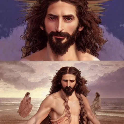 Image similar to an extremely detailed matte painting of a ridiculously good looking jesus that looks like a jewish gigachad with his 1 2 apostle entourage, long curly hair, elegant ancient greek dress, very detailed, windy beach, beautiful, intricate, cinematic, artstation, william bouguereau, alphonse mucha, greg rutkowski, rossdraws, octane render