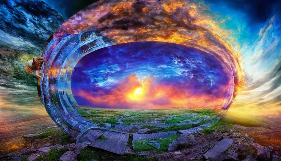 Prompt: a bit flip at the end of time and space where we found the portal to the illusion of it all, surreal, fantasctic, notan, 8 k, sunrise, sunset, godhead, garden of enchantment, multiple plane warped perspective, fractal, enlightenment