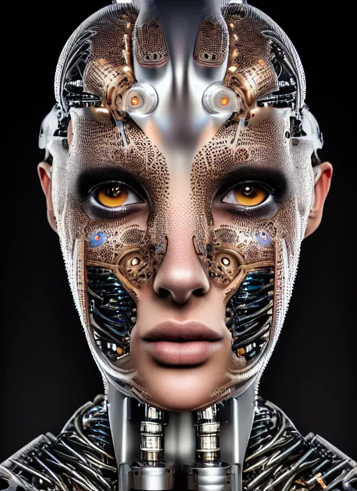 Image similar to a stunning young female cyborg profile face, face is made intricate tribal bio - mechanical, editorial photography, schlieren, depth of field, f / 2. 8, high contrast, 1 6 k, rays of shimmering light, volumetric lighting, shiny, insanely detailed and intricate, hypermaximalist, elegant, ornate, hyper realistic, super detailed