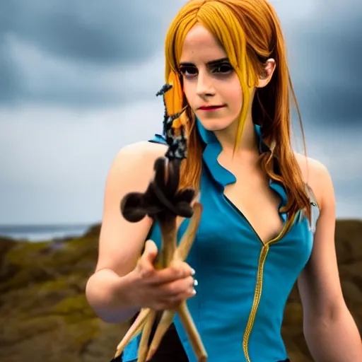 Image similar to a full body photo of emma watson as nami from one piece holding a trident in one hand, award winning photography, 50 mm, perfect faces.