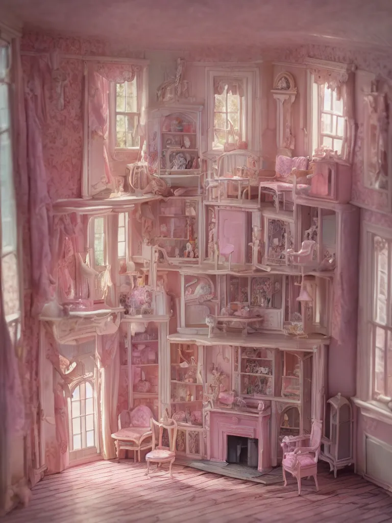 Image similar to hyperrealistic, highly detailed rendering, one source of light, interior of a victorian doll house, polly pocket, cute, strange, pastel tones, victorian furnitures, low natural light, volumetric light windows, oak wood floor, luxe, 8 k, ultra wide angle