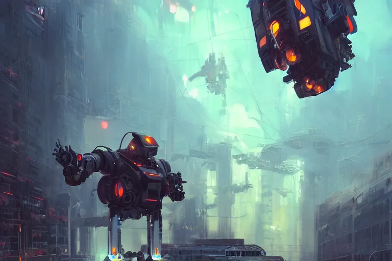 Image similar to A pilot looking up at a gigantic mecha, made of high tech materials, metal parts, hydraulics, glowing leds, japanese decals, cinematic rendering by Greg Rutkowski, Organic Painting, Matte Painting, geometric shapes, hard edges, street art, concept art, trending on the artstation