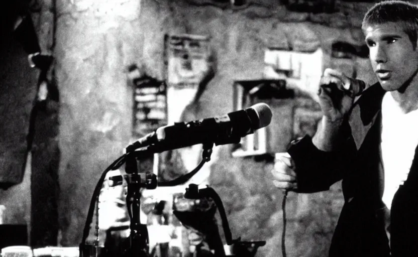 Prompt: young harrison ford as deckard from bladerunner doing standup comedy in a cyberpunk bar behind a mic