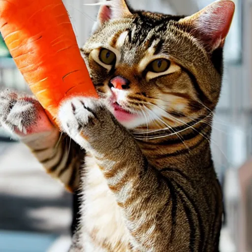 Image similar to big tabby cat with white paws biting a carrot