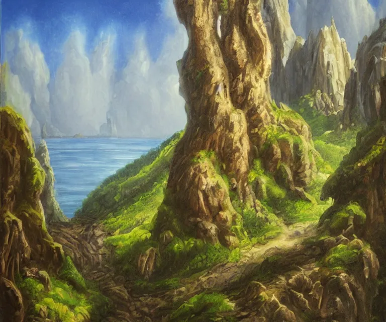 Prompt: medieval fantasy artwork. woodland with cliffs in the background. on top of the cliffs is a castle made of pure blue light. oil on canvas.