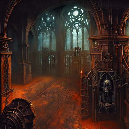 Image similar to steam necropolis, memento mori, gothic, neo - gothic, art nouveau, hyperdetailed copper patina medieval icon, stefan morrell, philippe druillet, ralph mcquarrie, concept art, steampunk, unreal engine, detailed intricate environment, octane render, moody atmospherics, volumetric lighting, ultrasharp, ominous, otherworldly