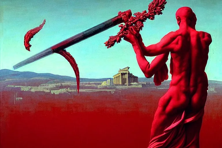 Image similar to only with red, a red melted apollo with a laurel wreath and a flaming sword announce win, athens in background, in the style of beksinski, parts by edward hopper, parts by rodcenko, parts by yue minjun, intricate and epic composition, red by caravaggio, insanely quality, highly detailed, masterpiece, red light, artstation, 4 k