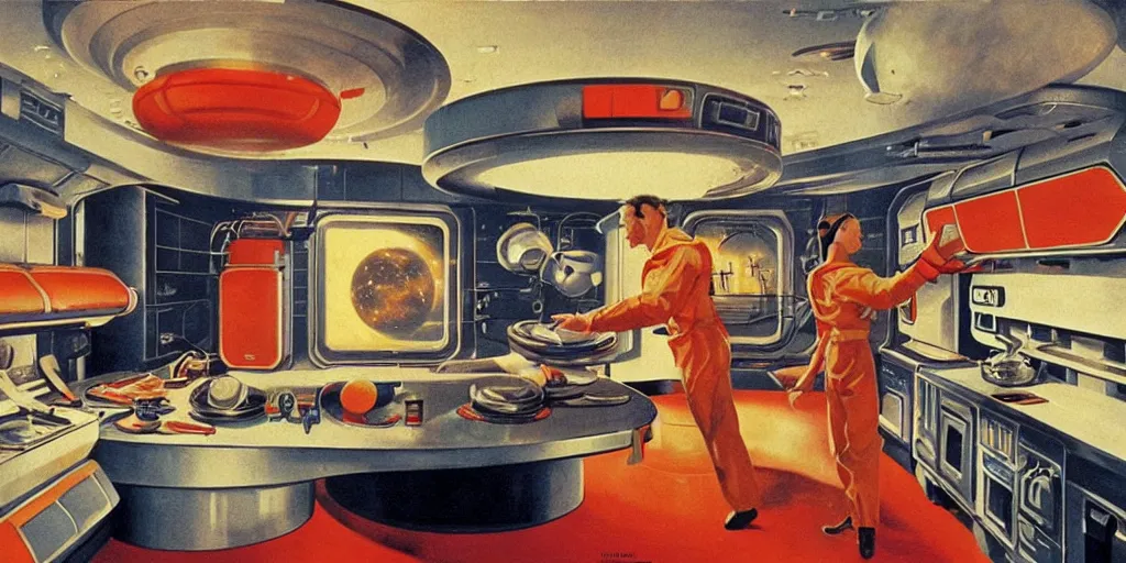 Image similar to soviet retro - futuristic kitchen, space station by drew struzan